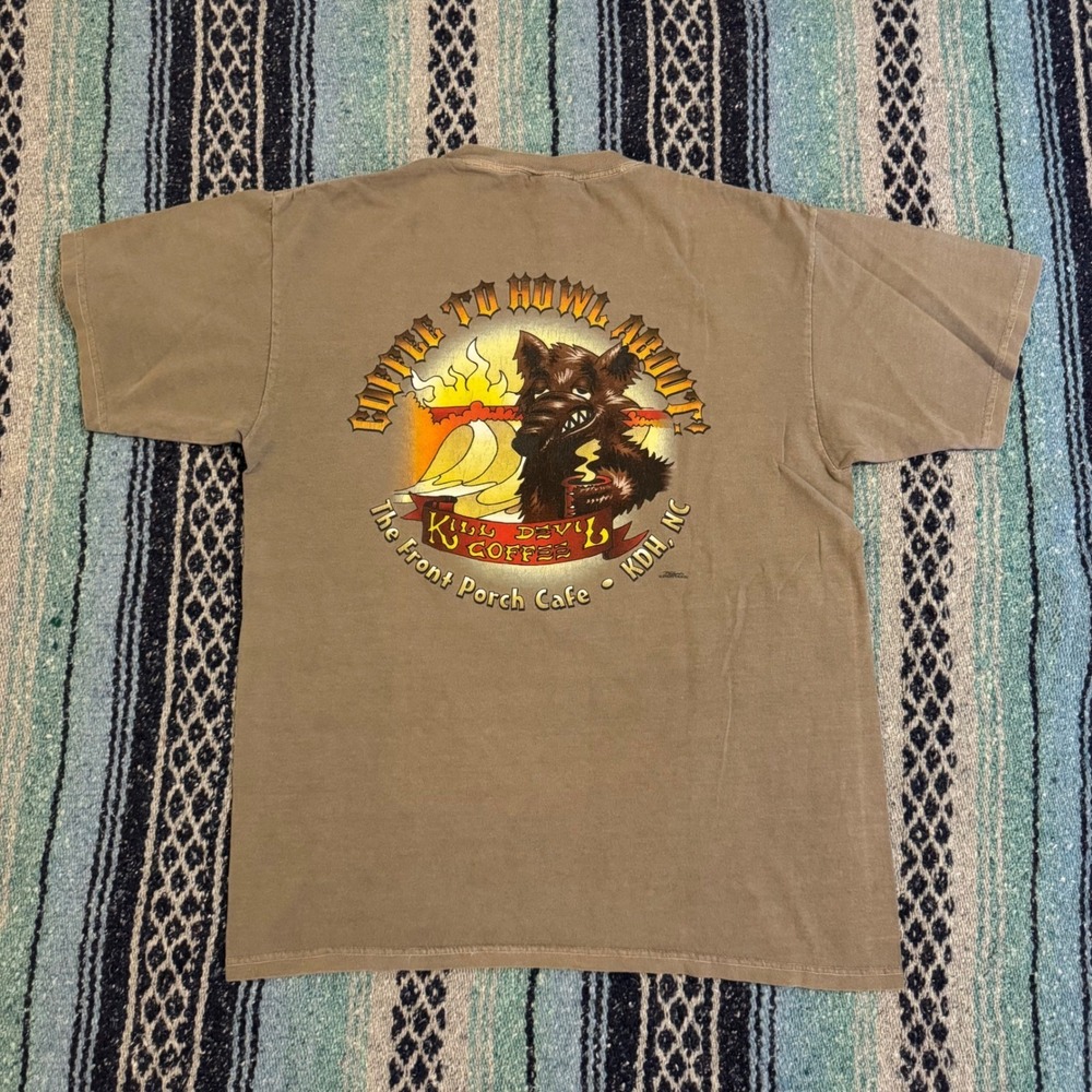 Authentic Pigment Kill Devil Coffee Front Porch Cafe Wolf Graphic Shirt Brown M